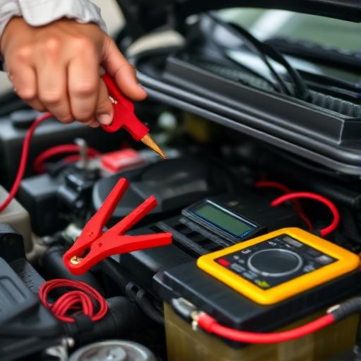 Mechanic testing a car battery with a multimeter