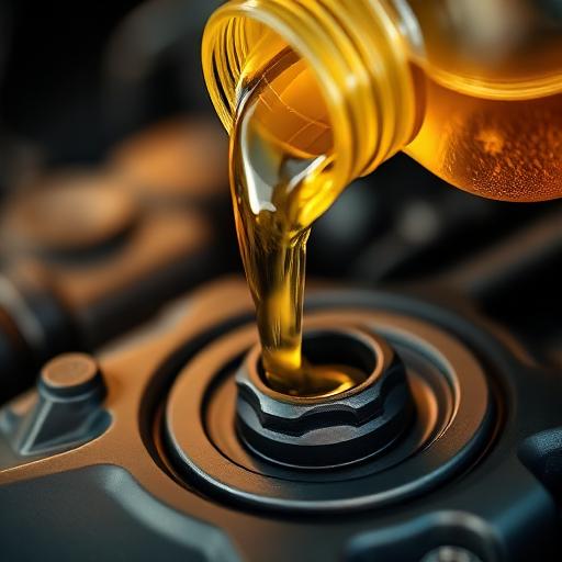 Fresh motor oil being poured into a car engine