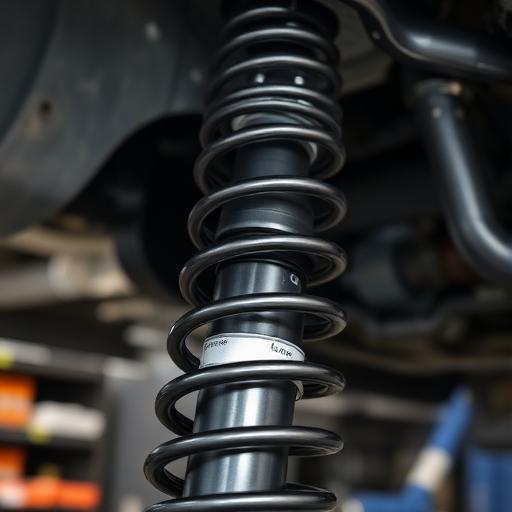 Underside of a vehicle raised on a service lift, showing the coil spring and undercarriage components