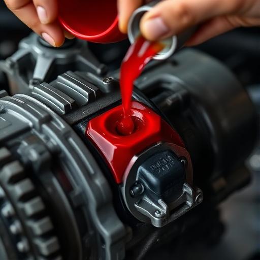 Technician checking transmission fluid condition on a vehicle raised on a service lift