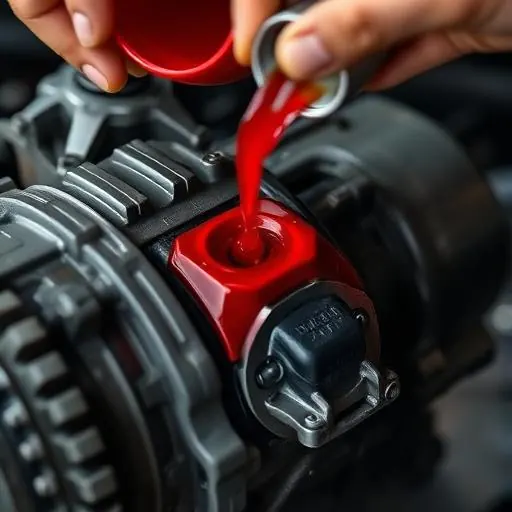 Technician checking transmission fluid condition on a vehicle raised on a service lift